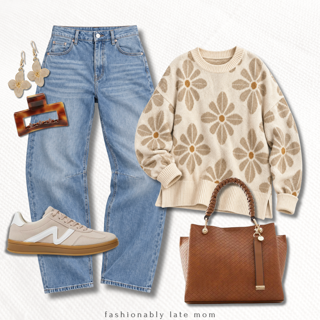 cream floral sweater, light wash barrel jeans, tan sneakers, cognac woven tote, and tortoise claw clip