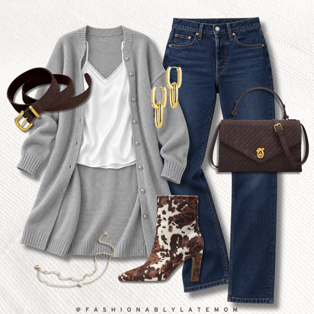 gray longline cardigan over white satin cami, dark wash jeans, cow print heeled boots, and brown woven top-handle bag