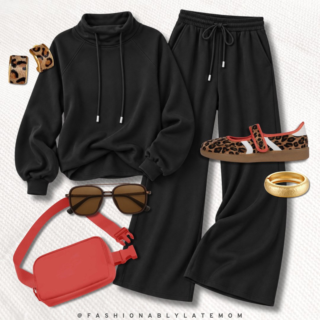 black cowl-neck sweatshirt and wide-leg pants set, leopard mary jane sneakers, red belt bag, and gold bangle