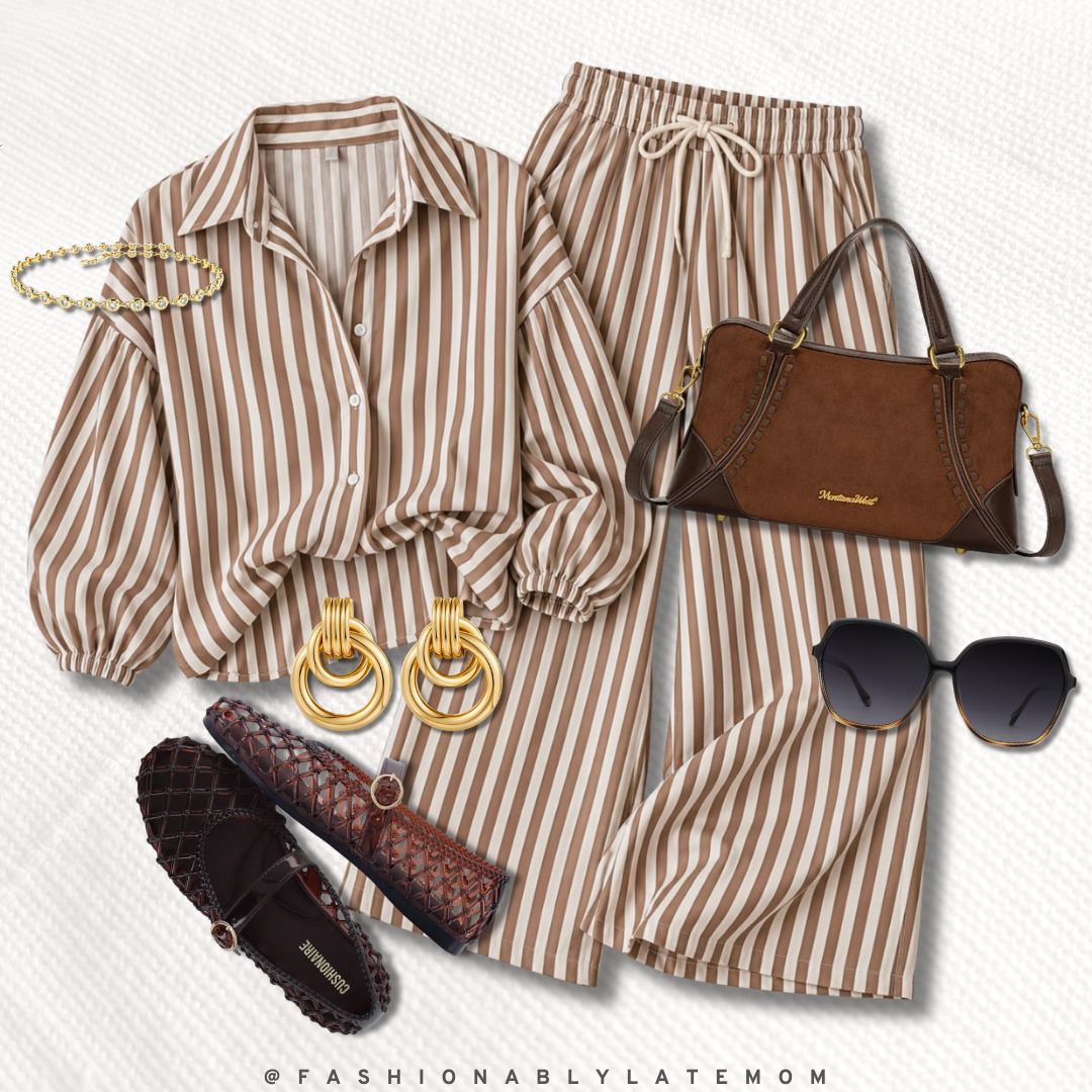 tan and white striped shirt and pants set, brown suede satchel, gold earrings, and woven mary jane flats