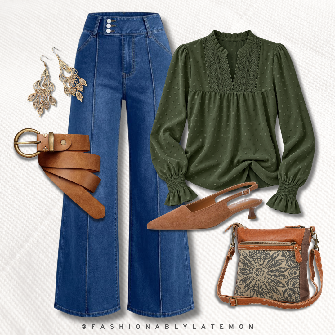 olive green swiss-dot blouse, medium wash wide-leg jeans, cognac slingback kitten heels, and canvas crossbody bag