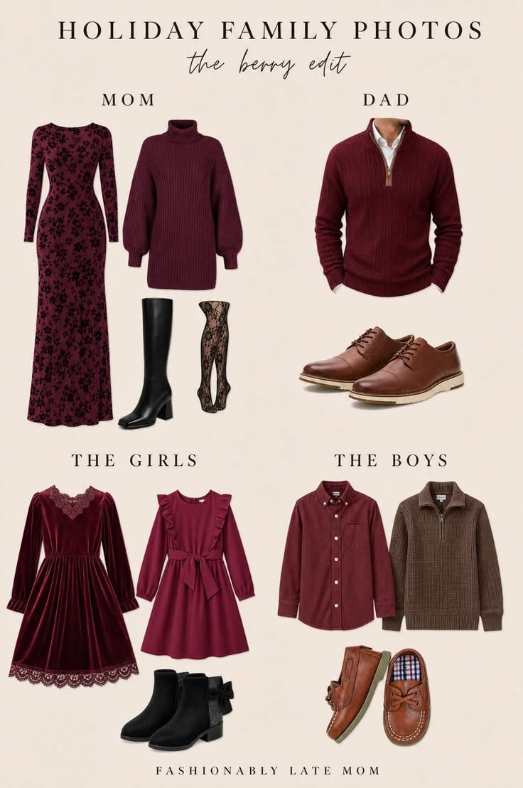 Holiday family photo outfits in berry tones: burgundy floral maxi dress and sweater dress with black boots for mom, burgundy quarter-zip sweater for dad, burgundy velvet and ruffle dresses for girls, burgundy button-down and brown quarter-zip for boys