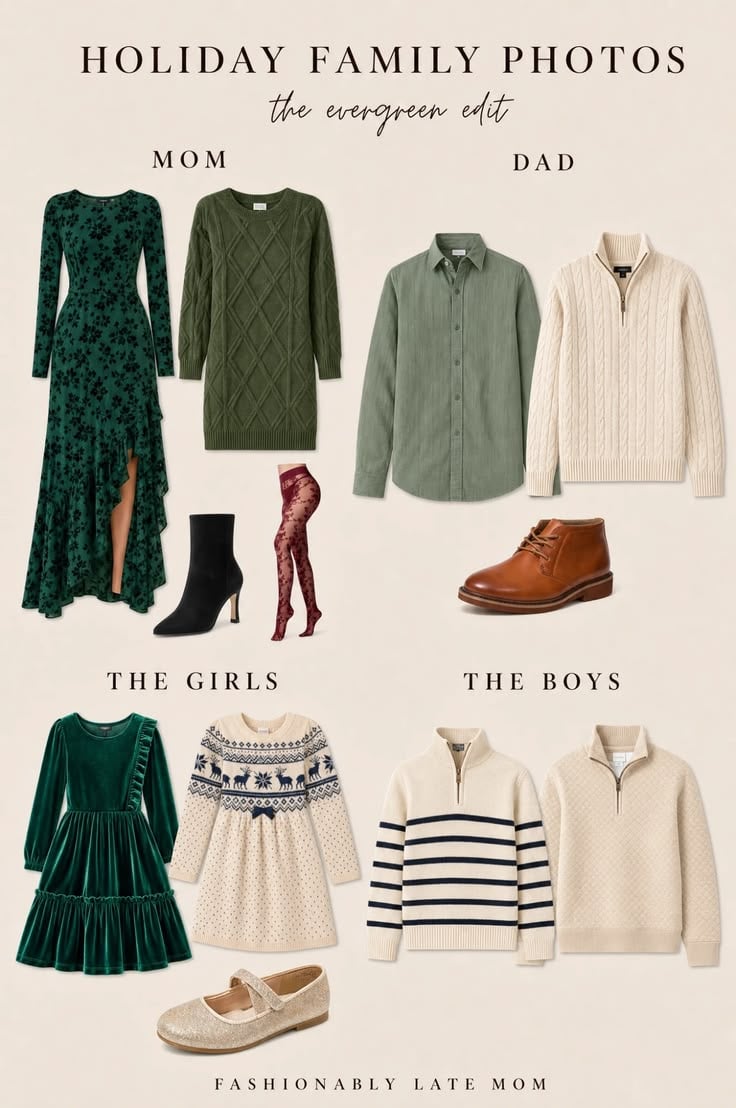 Holiday family photo outfits in evergreen and cream: green floral maxi dress and green sweater dress for mom, sage button-down and cream quarter-zip for dad, green velvet dress and Fair Isle sweater dress for girls, striped and cream quarter-zips for boys