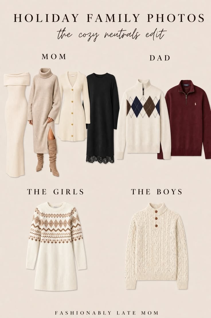 Holiday family photo outfits in cozy neutrals: cream and oatmeal sweater dresses and a black lace-trim dress for mom, argyle and burgundy quarter-zip sweaters for dad, a Fair Isle sweater dress for girls and a cable-knit sweater for boys