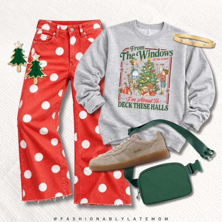 Christmas outfit with red polka dot wide leg jeans, gray deck the halls graphic sweatshirt, tan sneakers and green belt bag