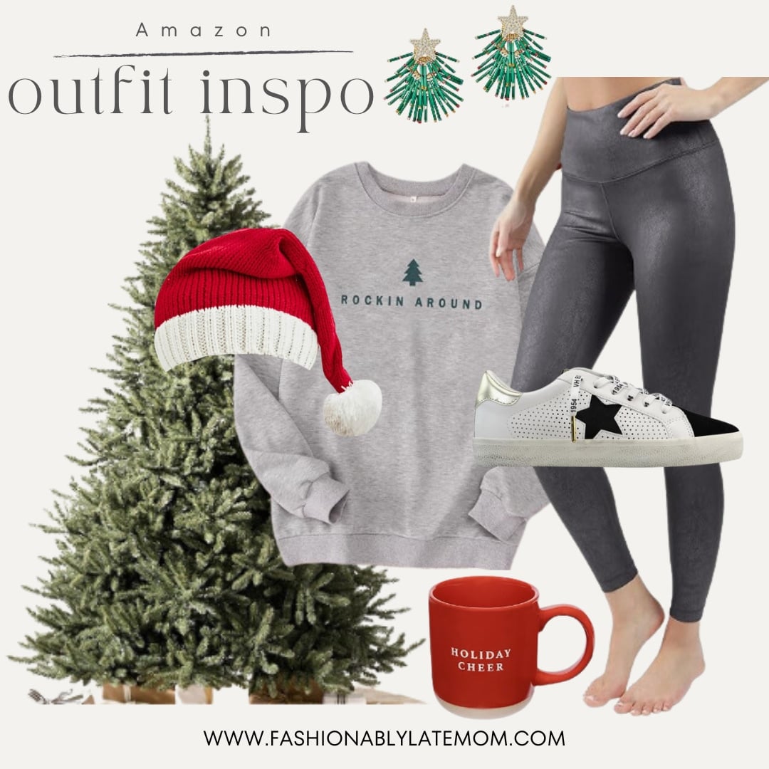 Gray Rockin Around graphic sweatshirt with gray leggings, star sneakers and red Santa hat