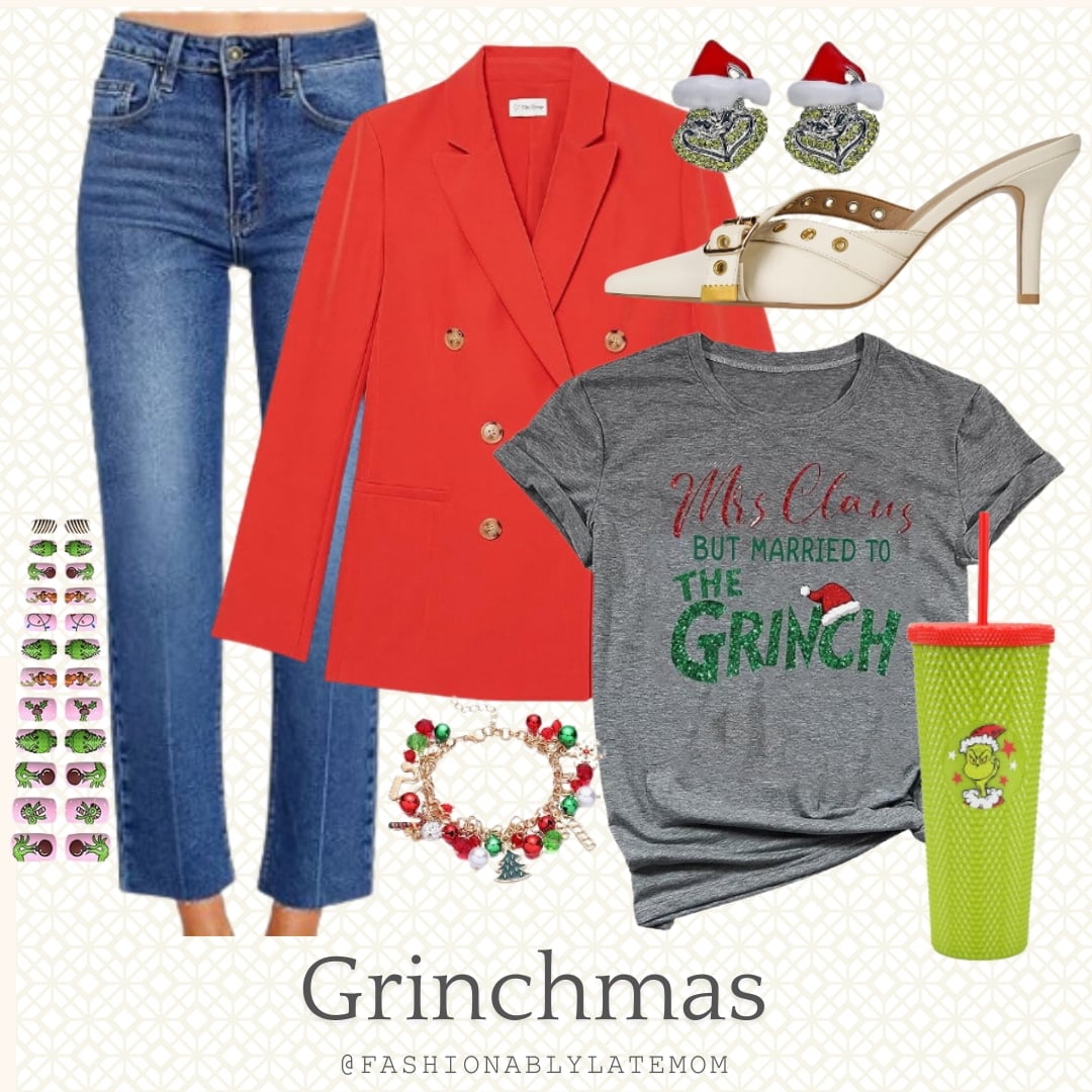 Grinchmas outfit with red blazer, Mrs Claus graphic tee, straight jeans and nude heeled mules
