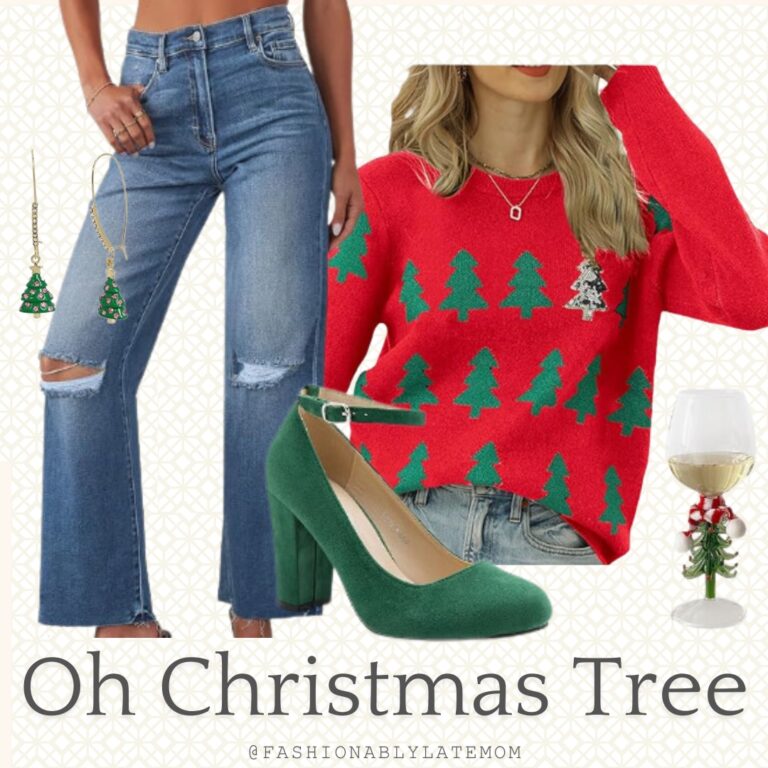 Oh Christmas Tree outfit with red Christmas tree sweater, distressed wide leg jeans and green suede pumps