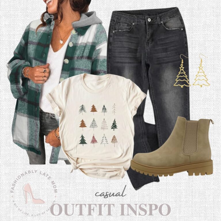 Casual Christmas outfit with green plaid shacket, Christmas tree graphic tee, black jeans and tan Chelsea boots