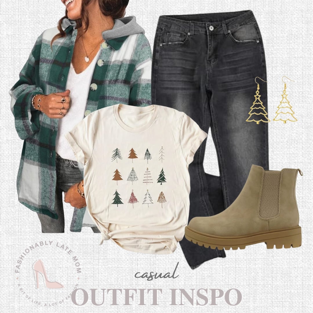 Casual Christmas outfit with green plaid shacket, Christmas tree graphic tee, black jeans and tan Chelsea boots