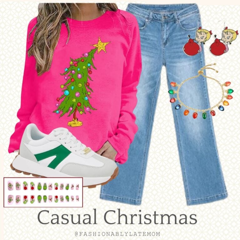 Casual Christmas outfit with hot pink Christmas tree sweatshirt, light wash jeans and white sneakers