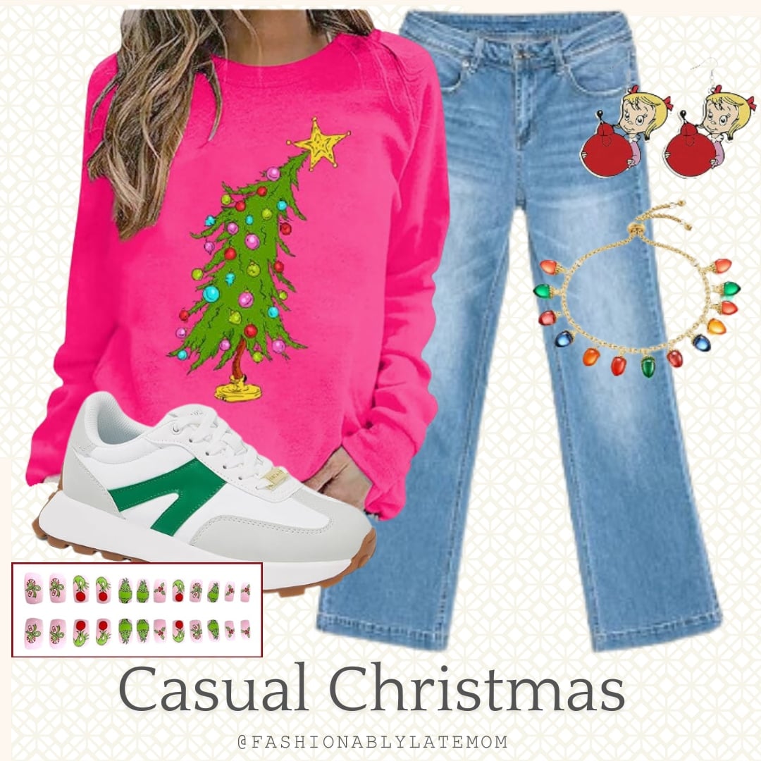 Casual Christmas outfit with hot pink Christmas tree sweatshirt, light wash jeans and white sneakers