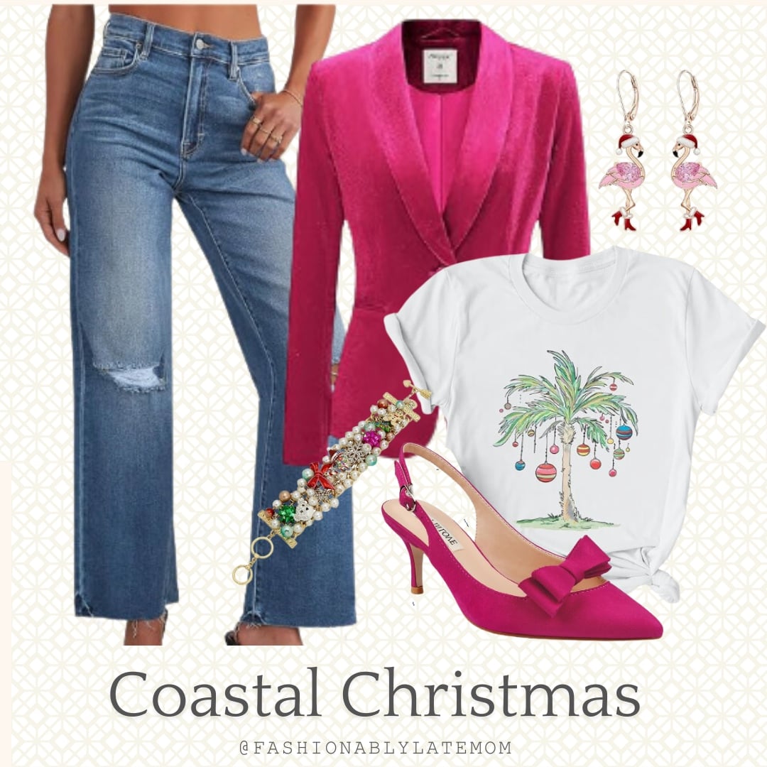 Coastal Christmas outfit with hot pink blazer, palm tree graphic tee, straight jeans and pink slingback heels