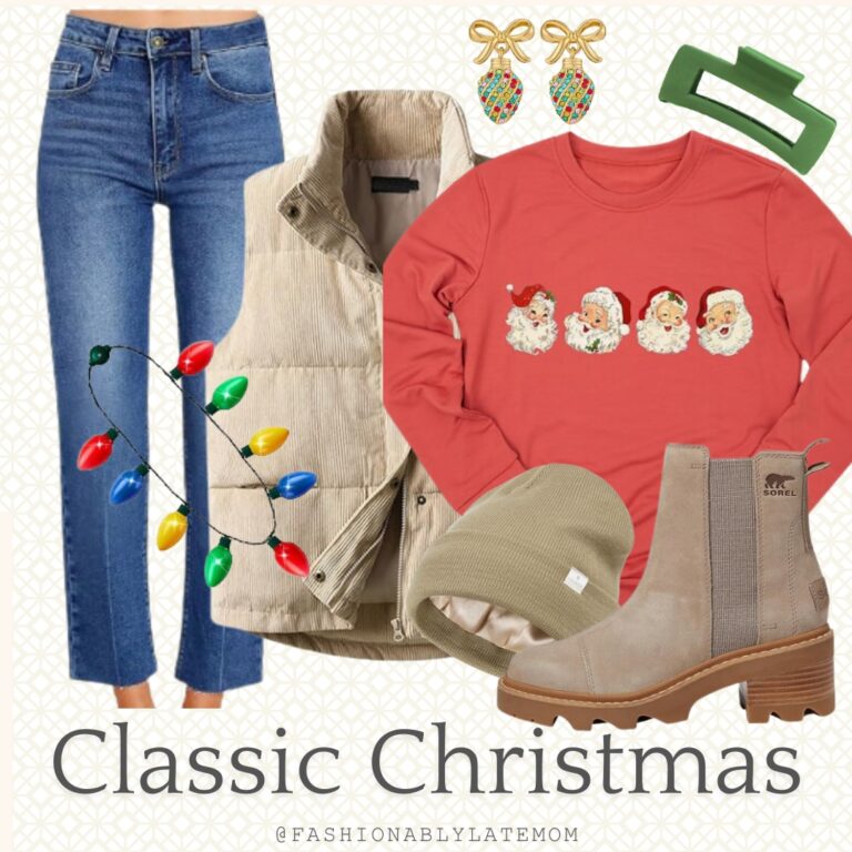 Classic Christmas outfit with red Santa graphic sweatshirt, tan puffer vest, jeans and tan lug sole boots
