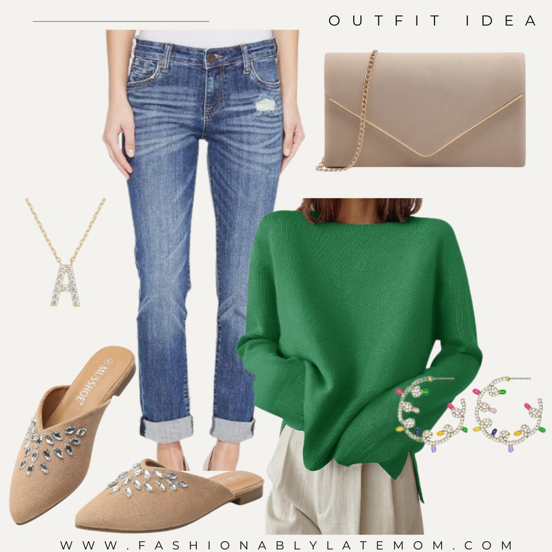 Dressy Christmas outfit with green sweater, cuffed jeans, embellished mules and tan clutch