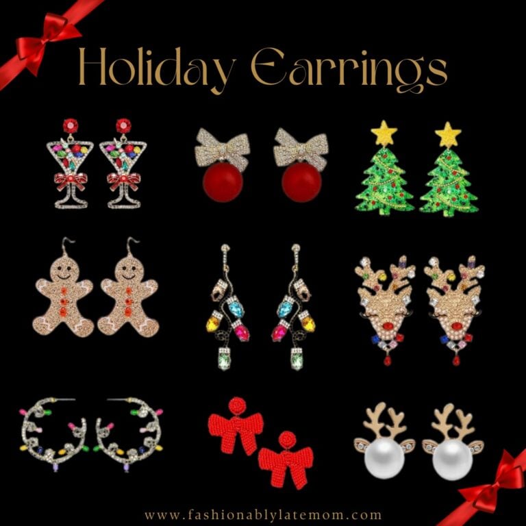 Holiday earrings including Christmas tree studs, gingerbread men, reindeer, bows and martini glass earrings