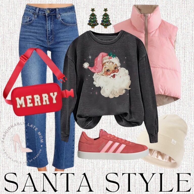 Santa Style outfit with vintage Santa sweatshirt, pink puffer vest, red Merry crossbody bag and pink sneakers