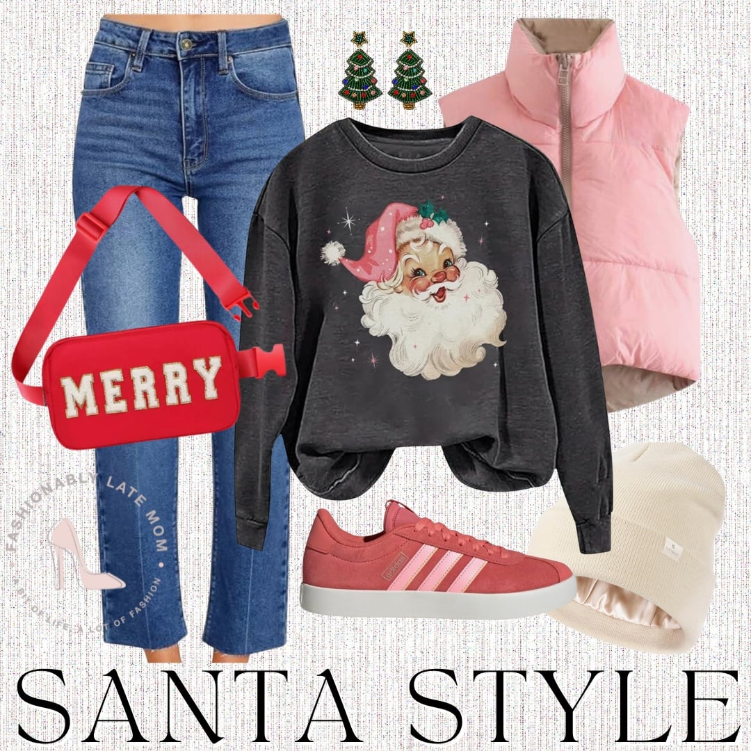 Santa Style outfit with vintage Santa sweatshirt, pink puffer vest, red Merry crossbody bag and pink sneakers