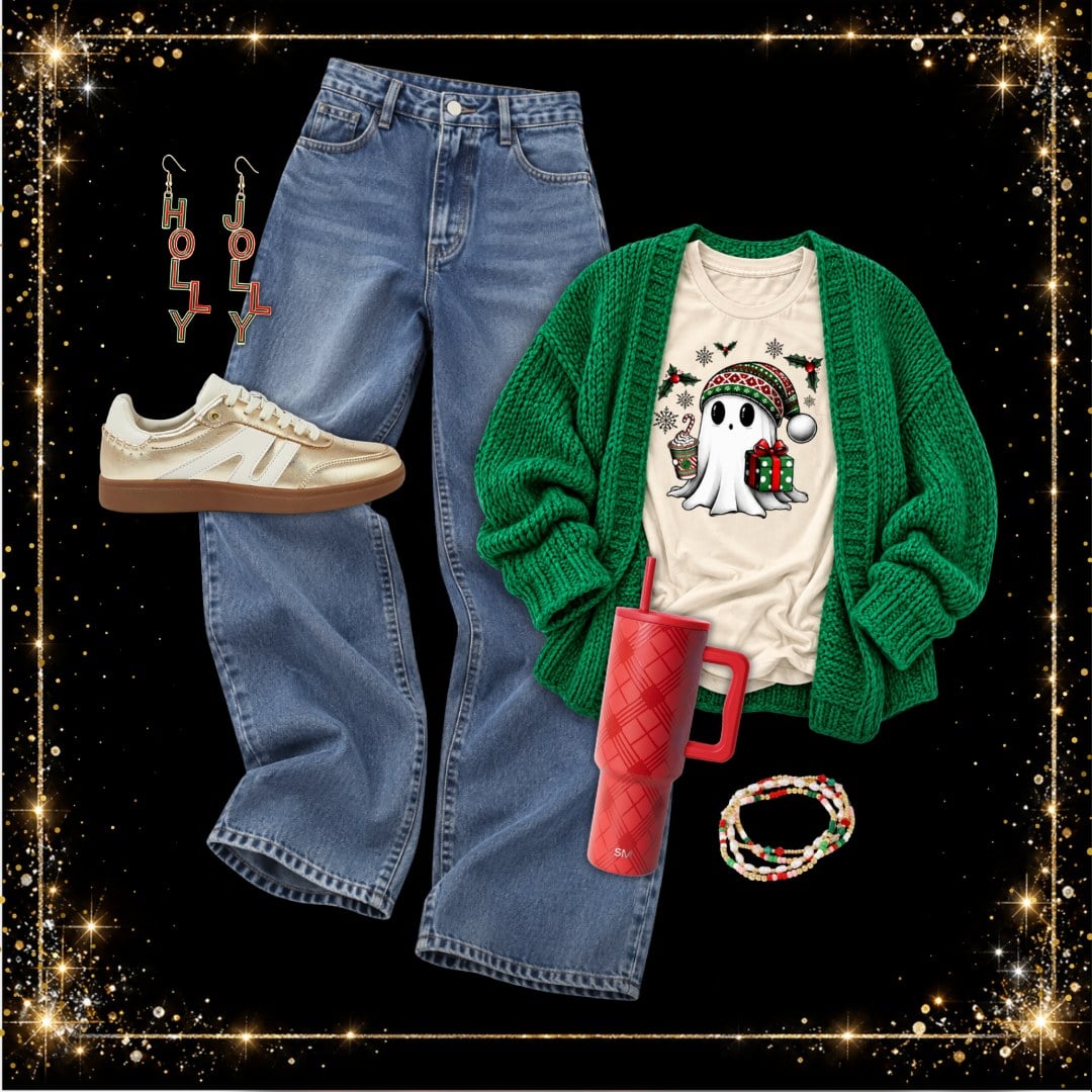 Green chunky knit cardigan over a holiday ghost graphic tee with wide-leg jeans, cream sneakers and a red tumbler - casual Christmas outfit idea