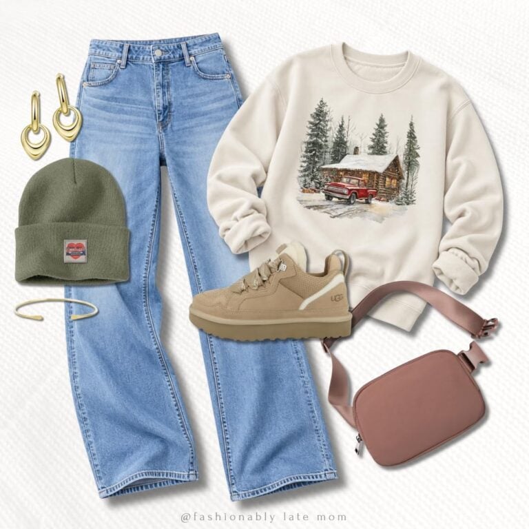 Neutral Christmas outfit with cream cabin graphic sweatshirt, light wash straight jeans, tan sneakers and olive beanie