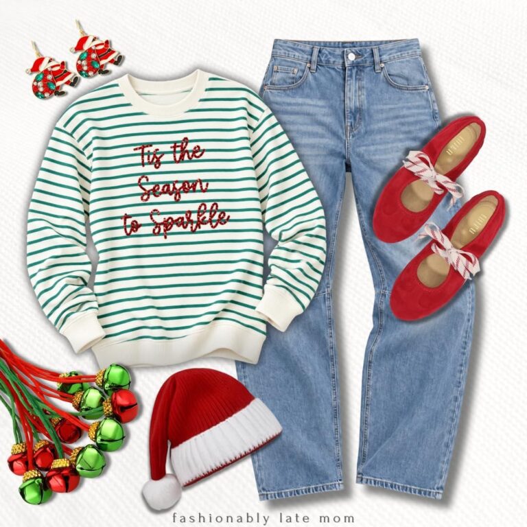 Green and white striped Tis the Season sweater with light wash jeans and red ballet flats