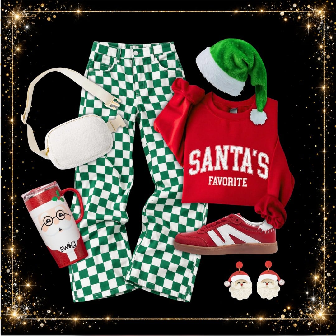Green checkered wide-leg jeans with a red Santa's Favorite sweatshirt, red sneakers, white belt bag and an elf hat - festive Christmas outfit idea