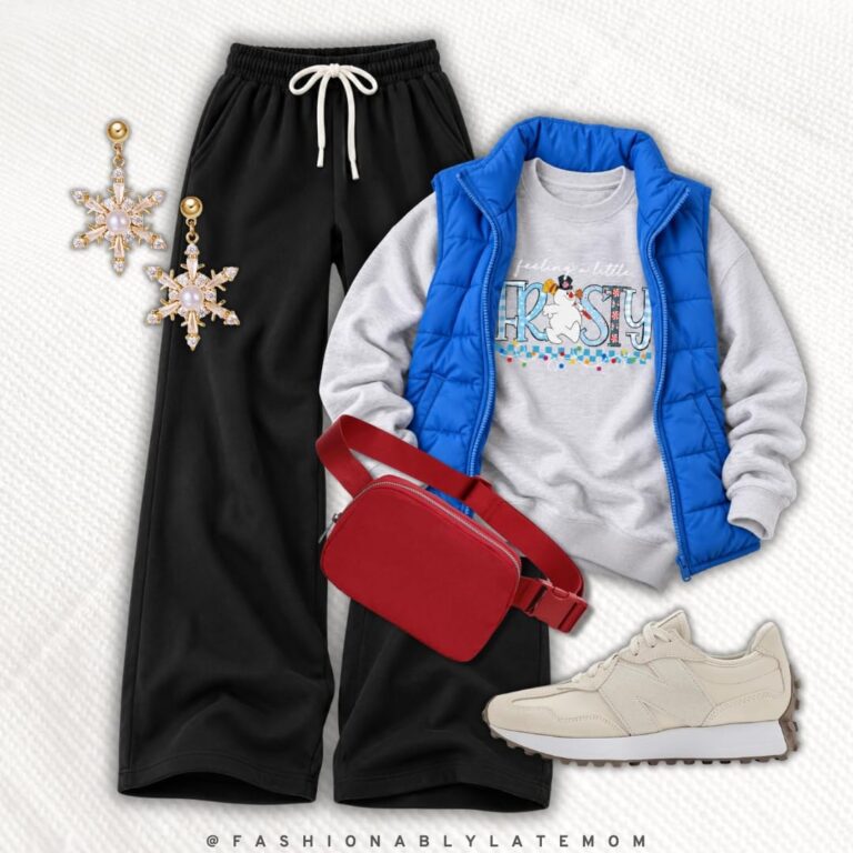 Casual Christmas athleisure outfit with black wide leg sweatpants, blue puffer vest, Frosty graphic tee and red belt bag