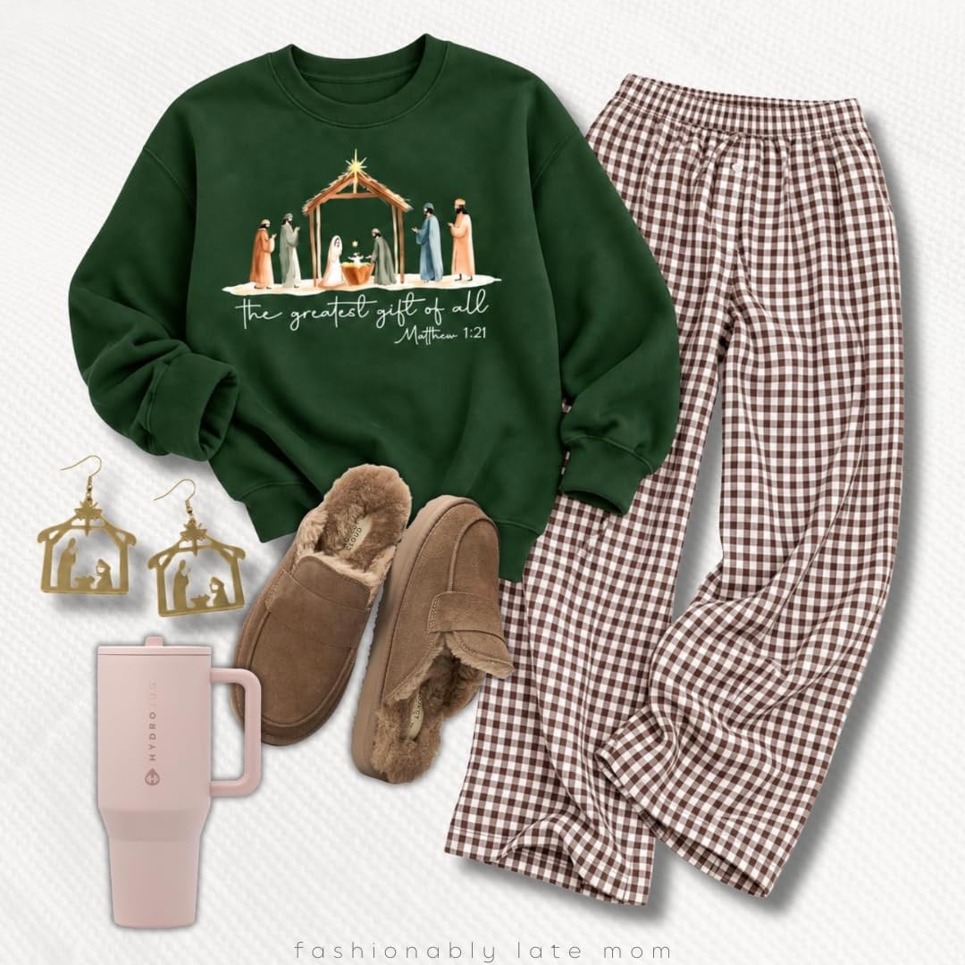 Green nativity graphic sweatshirt with brown gingham lounge pants and cozy slippers