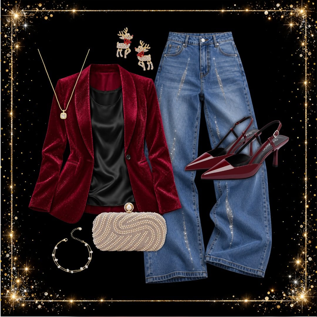 Burgundy velvet blazer over a black satin cami with wide-leg jeans, burgundy slingback heels and a pearl clutch - Christmas party outfit idea