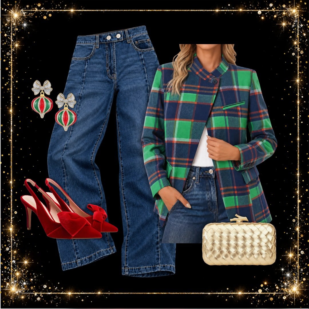Green and navy plaid blazer with wide-leg jeans, red bow slingback heels, ornament earrings and a gold clutch - plaid Christmas outfit idea