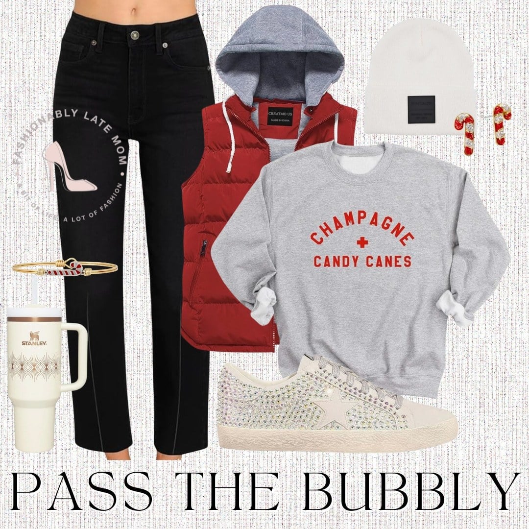 Black straight-leg jeans with a grey Champagne and Candy Canes sweatshirt, red puffer vest, white beanie and sparkle sneakers - casual Christmas outfit idea