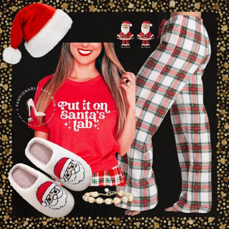 Christmas pajama outfit with red Put It On Santa's Tab tee, plaid pajama pants and Santa face slippers