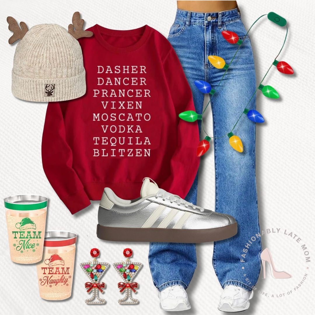 Maroon reindeer names graphic sweatshirt with light wash jeans, white sneakers and reindeer beanie