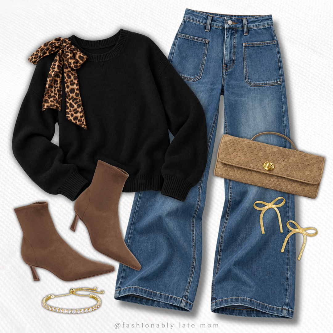Black sweater with a leopard bow collar, wide leg jeans and brown ankle boots
