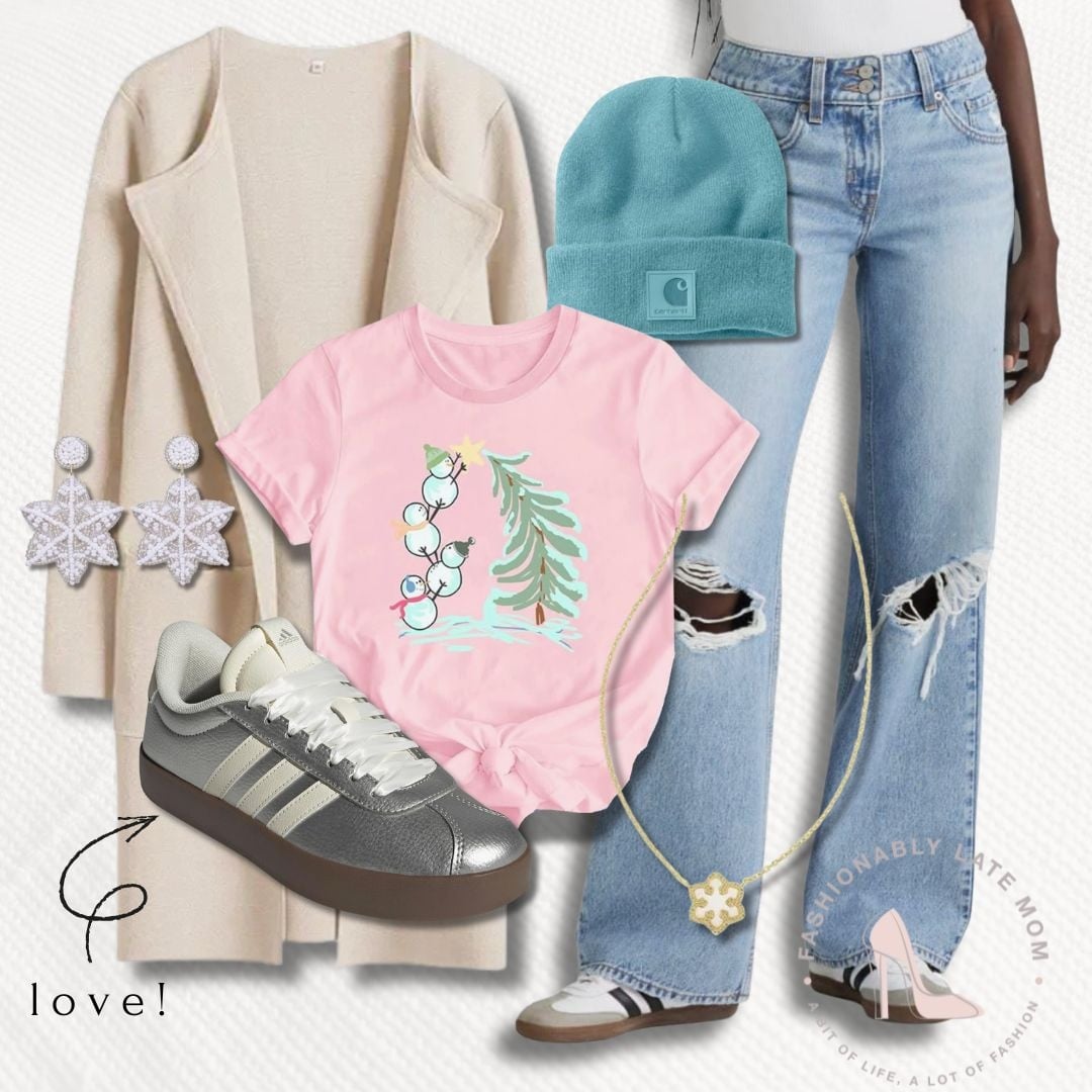 Pink Christmas tree tee with a long cream cardigan, ripped jeans, a teal beanie and silver sneakers