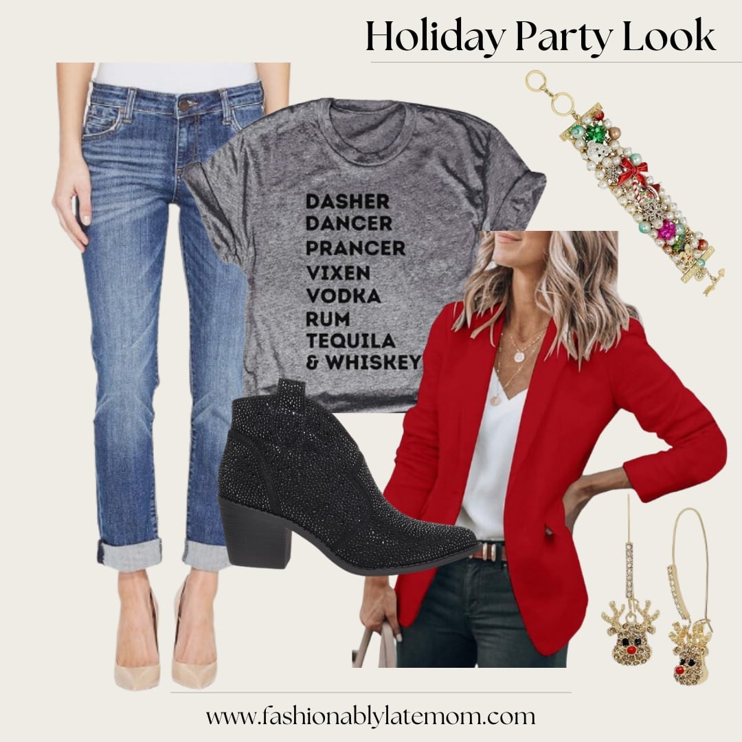 Holiday party outfit with a reindeer drinks graphic tee, red blazer, cuffed jeans and black booties