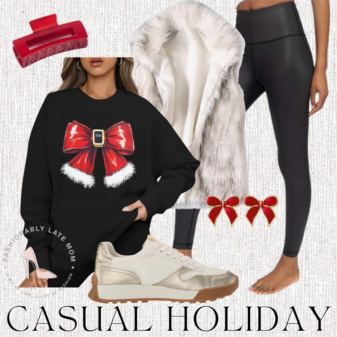 Casual holiday outfit with a black red-bow sweatshirt, faux fur jacket, black leggings and sneakers