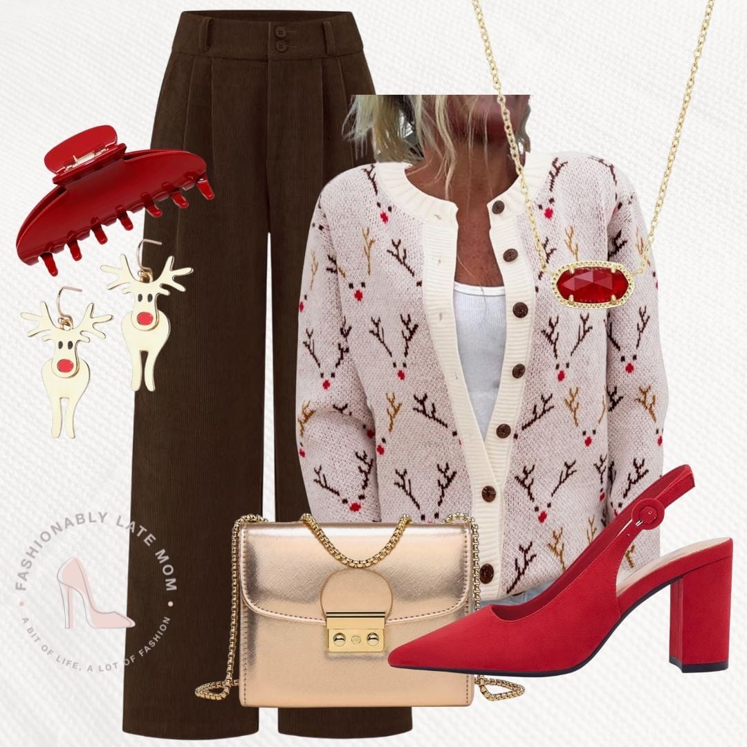 Reindeer cardigan with brown trousers, a gold bag and red slingback heels