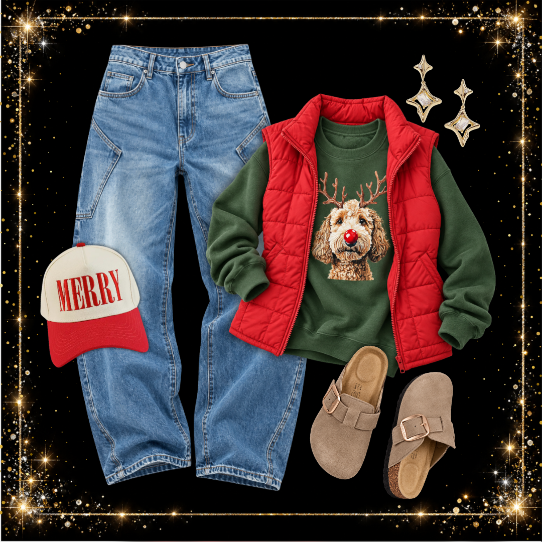 Christmas outfit with a red puffer vest over a green dog sweater, wide leg jeans, a Merry trucker hat and suede clogs