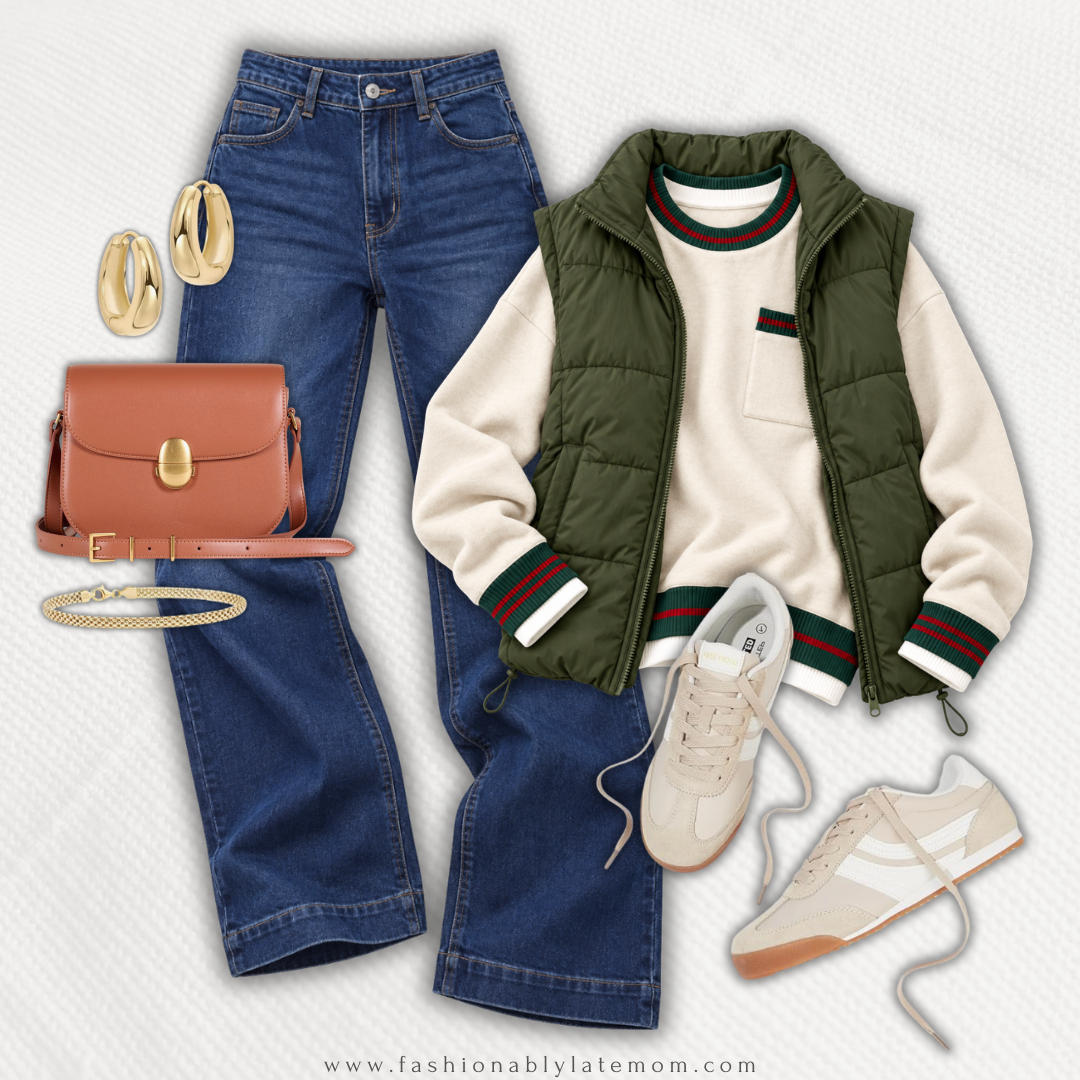Green puffer vest over a cream varsity sweatshirt with wide leg jeans, a cognac bag and white sneakers
