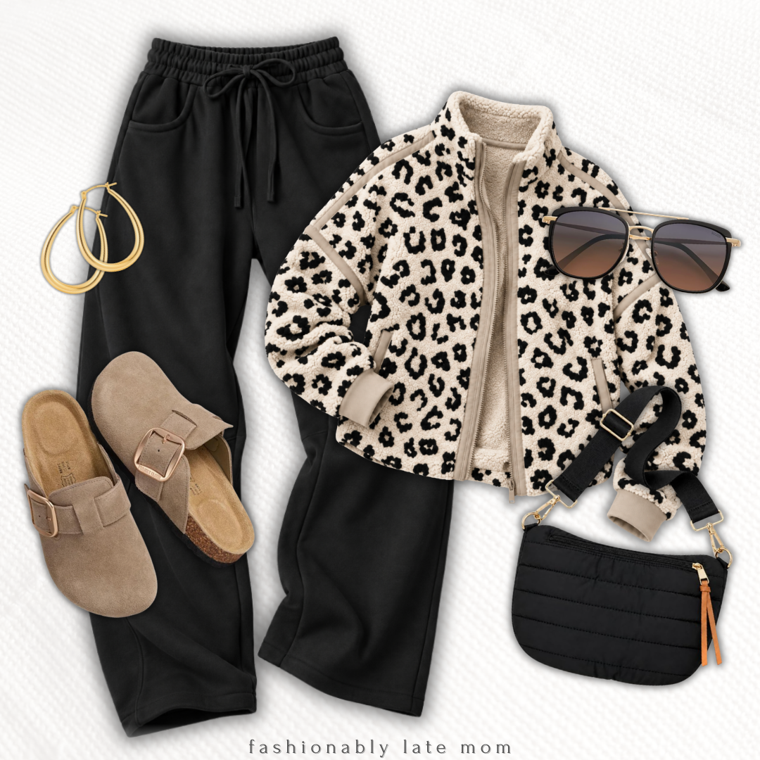 Leopard sherpa jacket with black joggers, suede clogs and a black belt bag