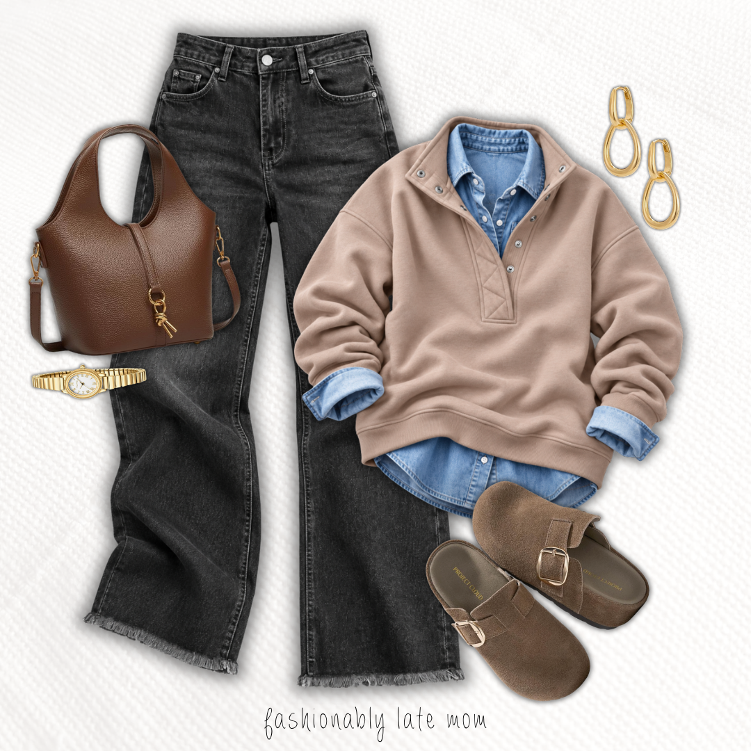 Mauve half-zip pullover over a chambray shirt with black jeans and suede clogs