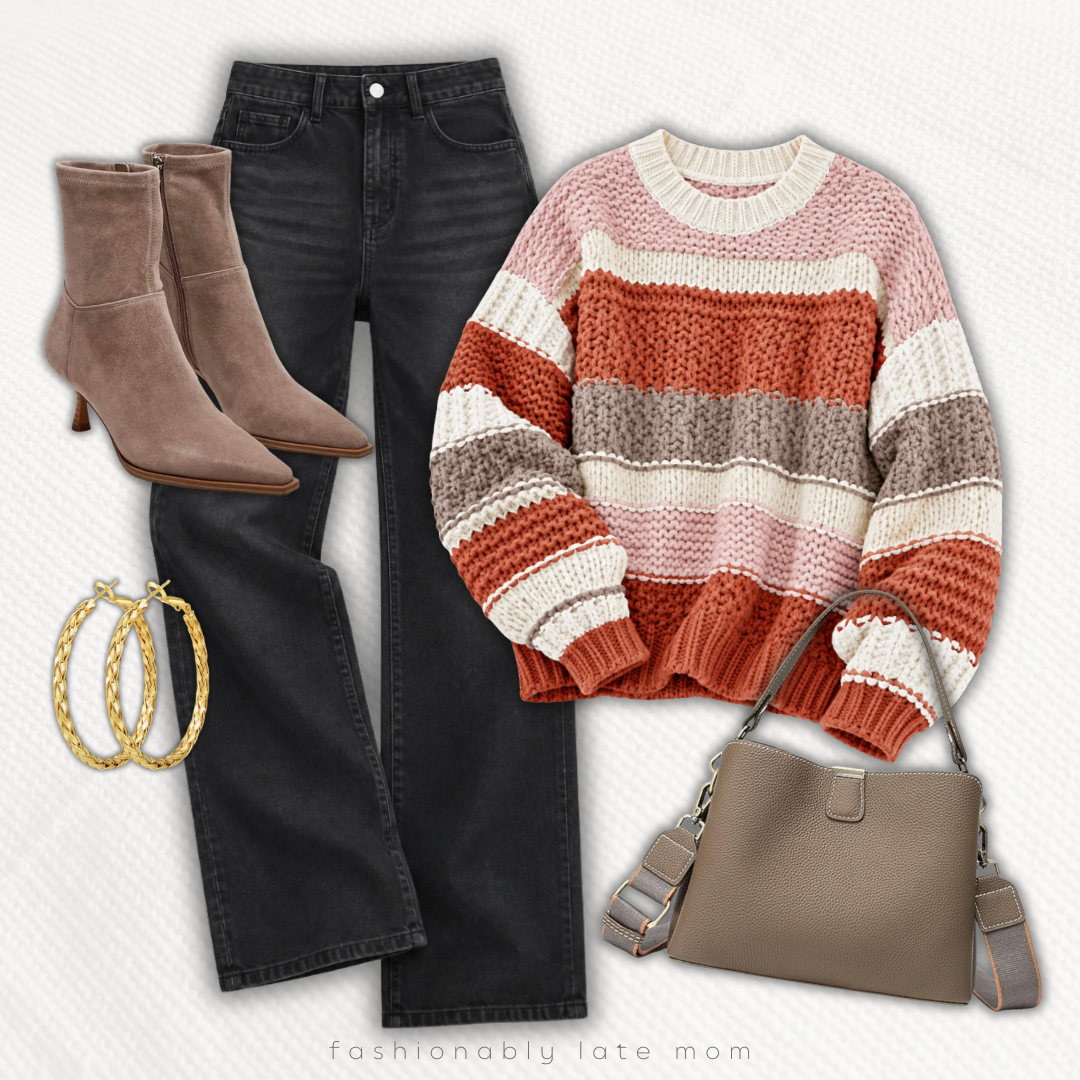 Pink and rust striped chunky sweater with black jeans and taupe sock boots