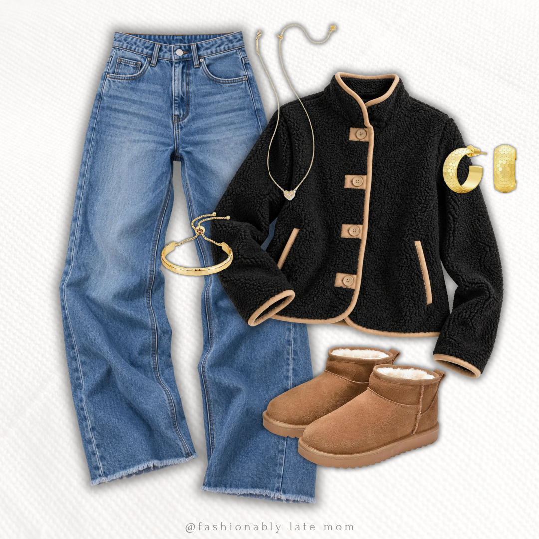 Black tweed jacket with light wash wide leg jeans and UGG mini boots