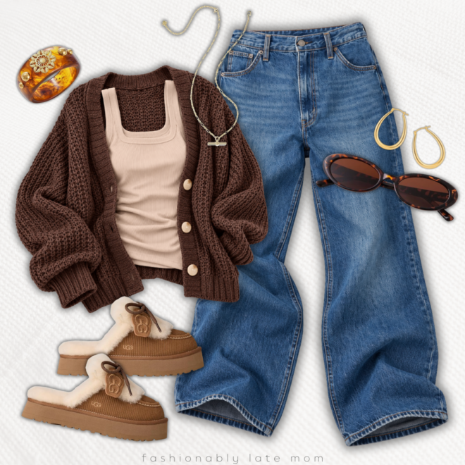 Chunky brown cardigan with a tan tank, wide leg jeans and UGG platform slippers — new Amazon outfit idea from Fashionably Late Mom