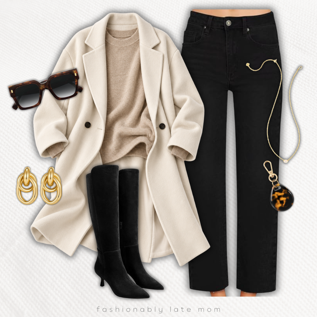 Cream wool coat with a beige sweater, black jeans and tall black boots — new Amazon outfit idea from Fashionably Late Mom