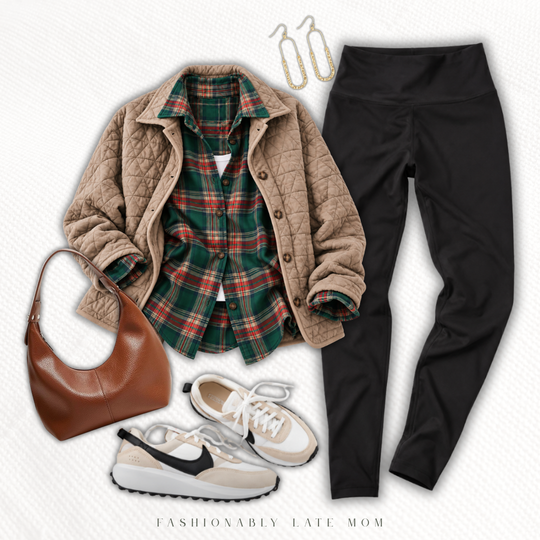 Quilted jacket over a green plaid flannel with black leggings and sneakers — new Amazon outfit idea from Fashionably Late Mom