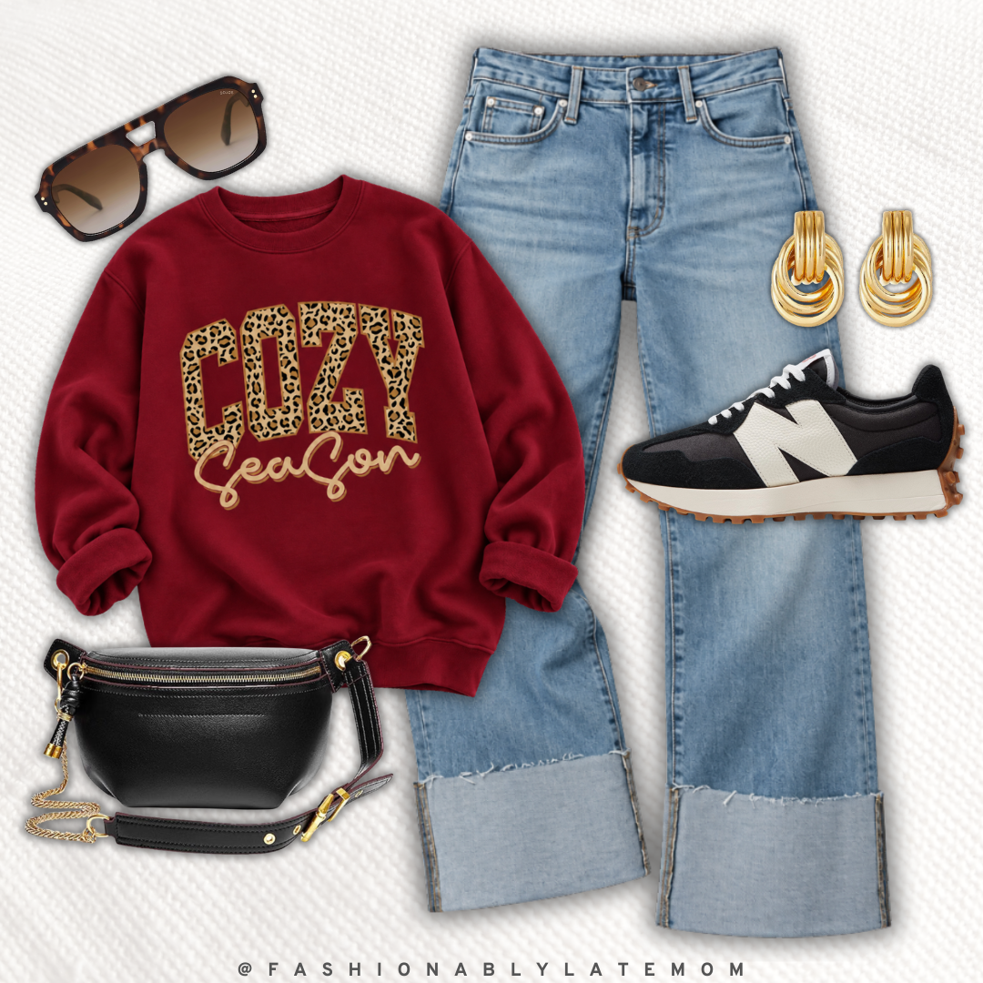 Cozy season burgundy graphic sweatshirt with cuffed wide leg jeans, a black belt bag and sneakers — new Amazon outfit idea from Fashionably Late Mom