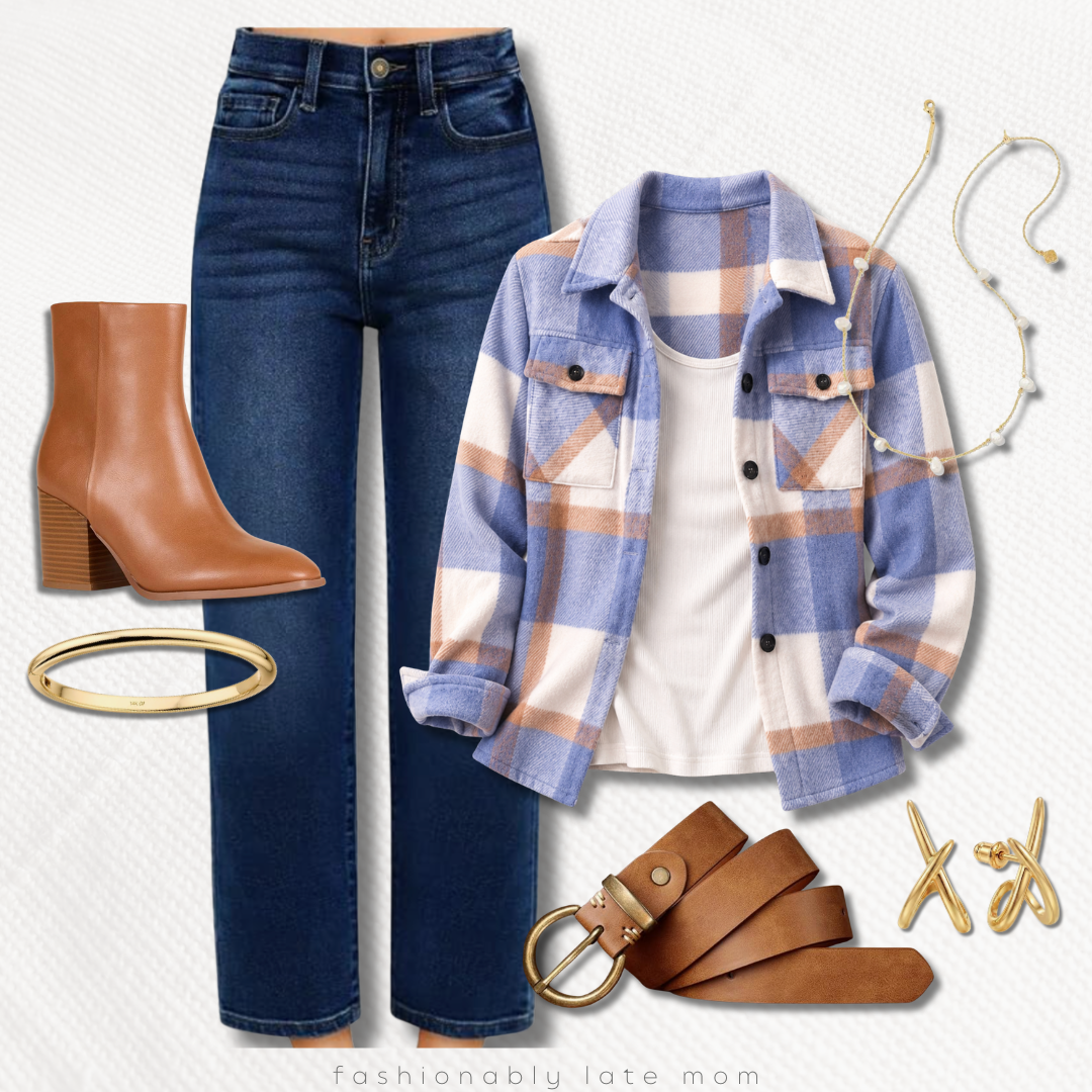Blue plaid shacket with a white tee, dark wide leg jeans and cognac ankle boots — new Amazon outfit idea from Fashionably Late Mom
