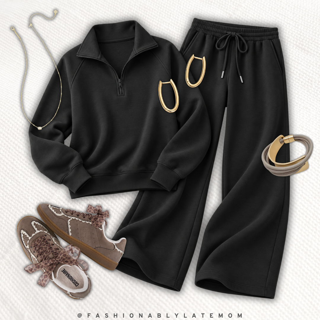 Black quarter zip sweatshirt and wide leg pant set with sherpa sneakers — new Amazon outfit idea from Fashionably Late Mom